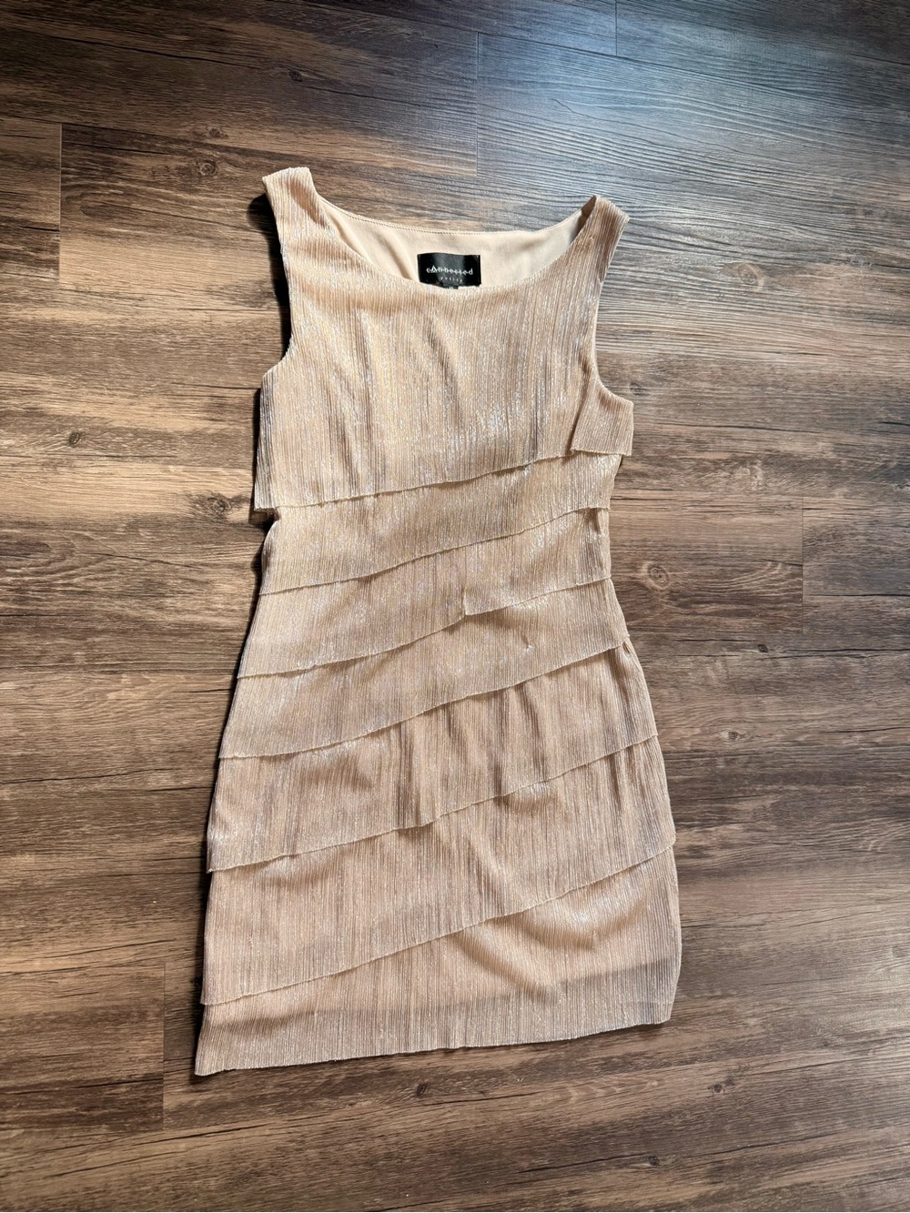 Sleeveless Tiered Shimmery Mini Dress in Champagne